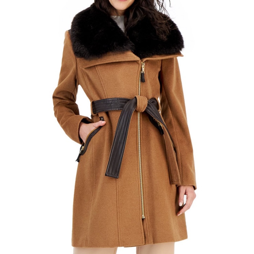 Women's Asymmetric Faux-Fur-Collar Wrap Coat size 8